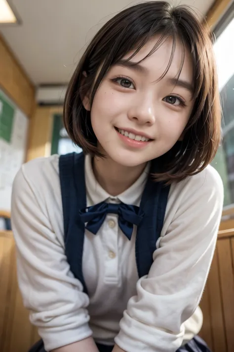 16 year old japanese girl, bob, school, cute, smile, thigh close-up、looking up at the camera