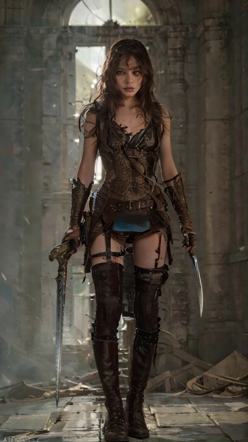 ((Full body photo, standing, feet on the floor)) a woman dressed as a warrior holding a sword, fishnet tights,  sexy painting of gal gadot, tyler edlin fantasy art, fantasy woman, gal gadot as hell lord, zenescope, a very beautiful berserker woman, magali villeneuve', as seen on artgerm, very beautiful female barbarian, artgerm julie bell beeple, 4k fantasy art