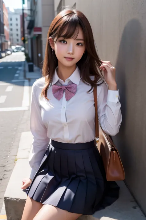 A woman with a purse is on the street, Ulzzang, (8k, RAW Photos, Highest quality, masterpiece: 1.2), (Realistic, photo-Realistic: 1.37), Very detailed, 1 girl, cute, alone, Beautifully detailed skies, Detailed Coffee, Pink wall、Sitting, Date, (My nose turned red), (smile: 1.1), (Mouth closed), Medium chest, Beautiful attention to detail, (Collared shirt: 1.1), bow tie, Pleated skirt,