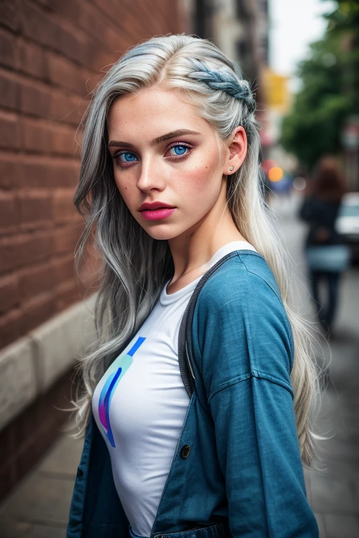 LoretoP, PA7_photoshot, photoshotgrafia de rua, marvelous, vinte e poucos anos, Woman, long hair, slickedback hair, hair blonde, greyish blue eyes, heart shaped lips, yellow lips, confusing, medium breasts, One-piece styles, , dimly-lit, rainbow, Blue Hour, chuva pesada, brick wall background, fujifilm gfx 100s, 100mm prime lens, point of view shot, BREAK PA7_Portrait-ECU, Direct angle, lomochrome, color filter, (((PA7_Human Likeness)))
