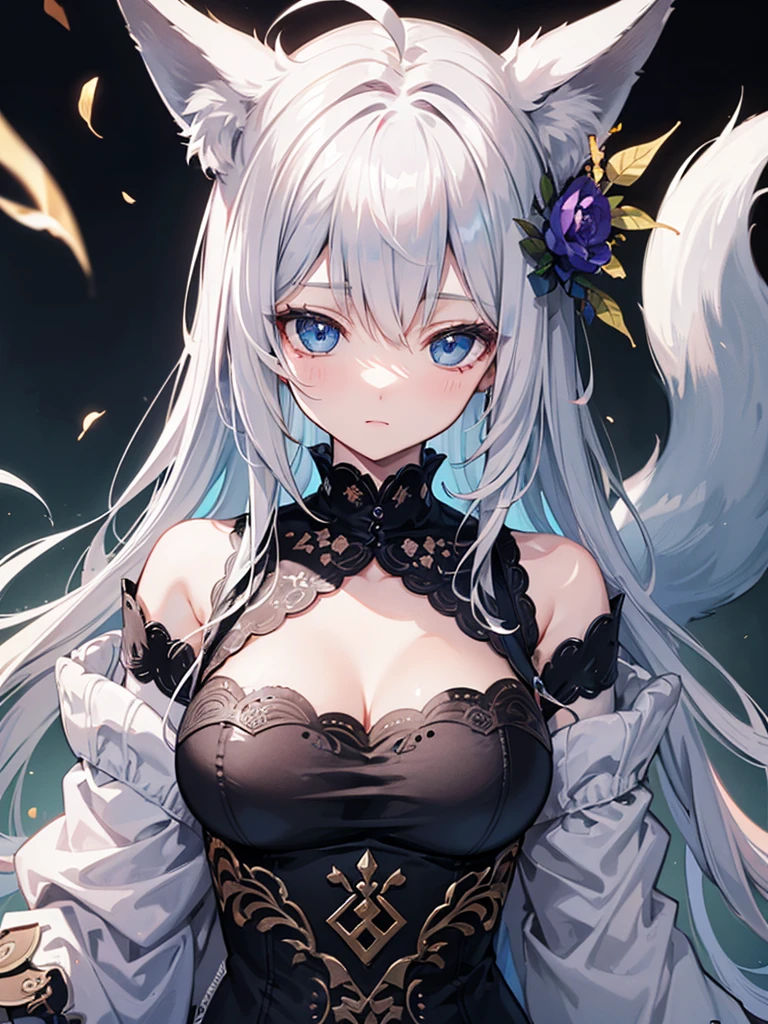 Highest quality,wonderful,masterpiece,delicate,Ultra-high resolution,Very detailed,Intricate details,beautiful,8k resolution,(Highly detailed CG Unity 8K wallpapers),Sharp focus、1 female、Gray Hair, One-sided knitting, Ahoge, Fox&#39;s Tail、Glowing Skin、Big Breasts、cute、、beautiful瞳、sexy、smile、joy、happiness、Three-dimensional feeling of body parts, Realistic skin texture、Glasses、Blizzard Default, White blouse, [abdomen::12], Removable sleeves, Black shorts, Blue neckerchief, Thigh straps, Single knee socks