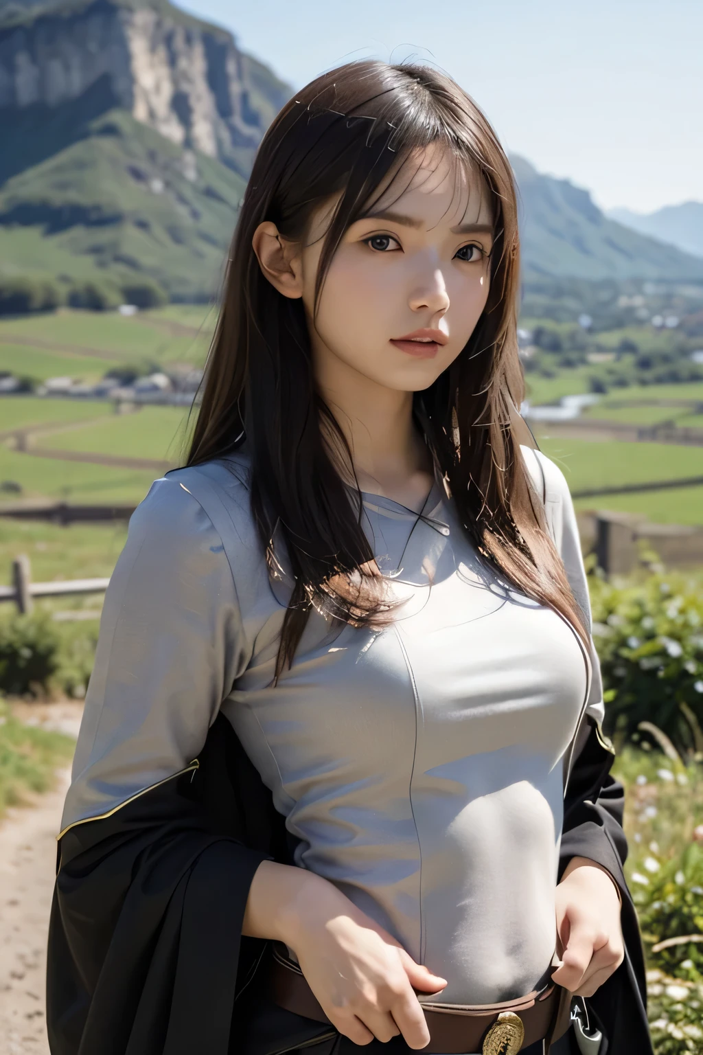 8k,A female adventurer from another world,so beautiful(Like the real thing),Adult woman in leather armor,Brown Hair,blue eyes,Carrying long objects, Large sword,Brown combat trousers,Dagger on hip,Walking in mountainous areas,Perfect Face,Perfect hand shape,charm,Volume measurement,Body balance,超High resolution,super Realistic skin,Digital single-lens reflex camera, Soft lighting, high quality, Highly detailed face, Highly detailed eyes, highly detailed skin, skin, Scattered under the surface, Highly detailed face, Highly detailed eyes, Beautiful expression, Lip, Detailed Background, Written boundary depth, Small breasts、Volumetric Lighting, Sharp focus, Absurd, Realistic proportions, Excellent anatomy, (Realistic, 超Realistic:1.4), 16k hdr, dawn,Big Breasts,High resolution,super Realistic skin,super Beautiful expression,Fantasy art,Character Art,Dynamic pose,compensate,Brown cloak,Carrying large luggage on your back,