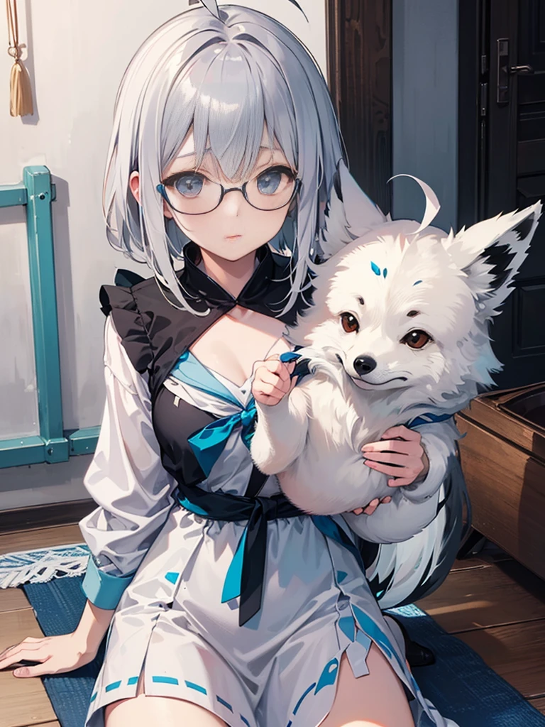 Glasses, shirakami fubuki, Highest quality,wonderful,masterpiece,delicate,Ultra-high resolution,Very detailed,Intricate details,beautiful,8k resolution,(Highly detailed CG Unity 8K wallpapers),Sharp focus、1 female、Gray Hair, One-sided knitting, Ahoge, Fox&#39;s Tail、Glowing Skin、Big Breasts、cute、、beautiful瞳、sexy、smile、joy、happiness、Three-dimensional feeling of body parts, Realistic skin texture、Glasses、Blizzard Default, White blouse, [abdomen::12], Removable sleeves, Black shorts, Blue neckerchief, Thigh straps, Single knee socks