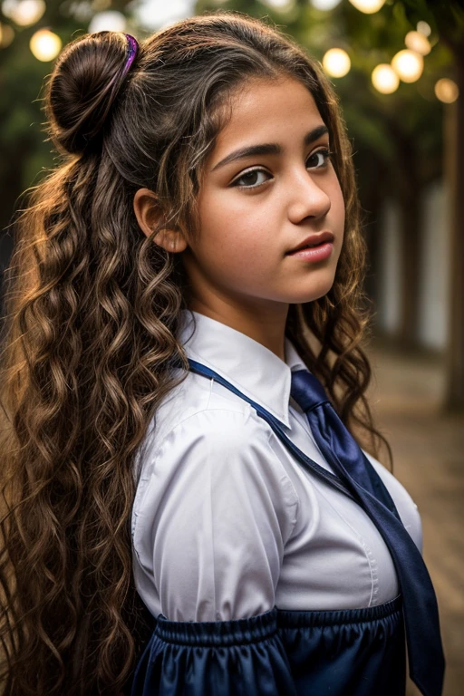 Outdoor image of 13 years old at school school photo in a school masterpiece, (photorrealistic:1.7), best qualityer, beautiful lighting, Venezuelan Eleanor dark lipstick 13 years old Big breasts and random color beautiful eyes extremely tall Long bun extreme curly hair Lifts using save 