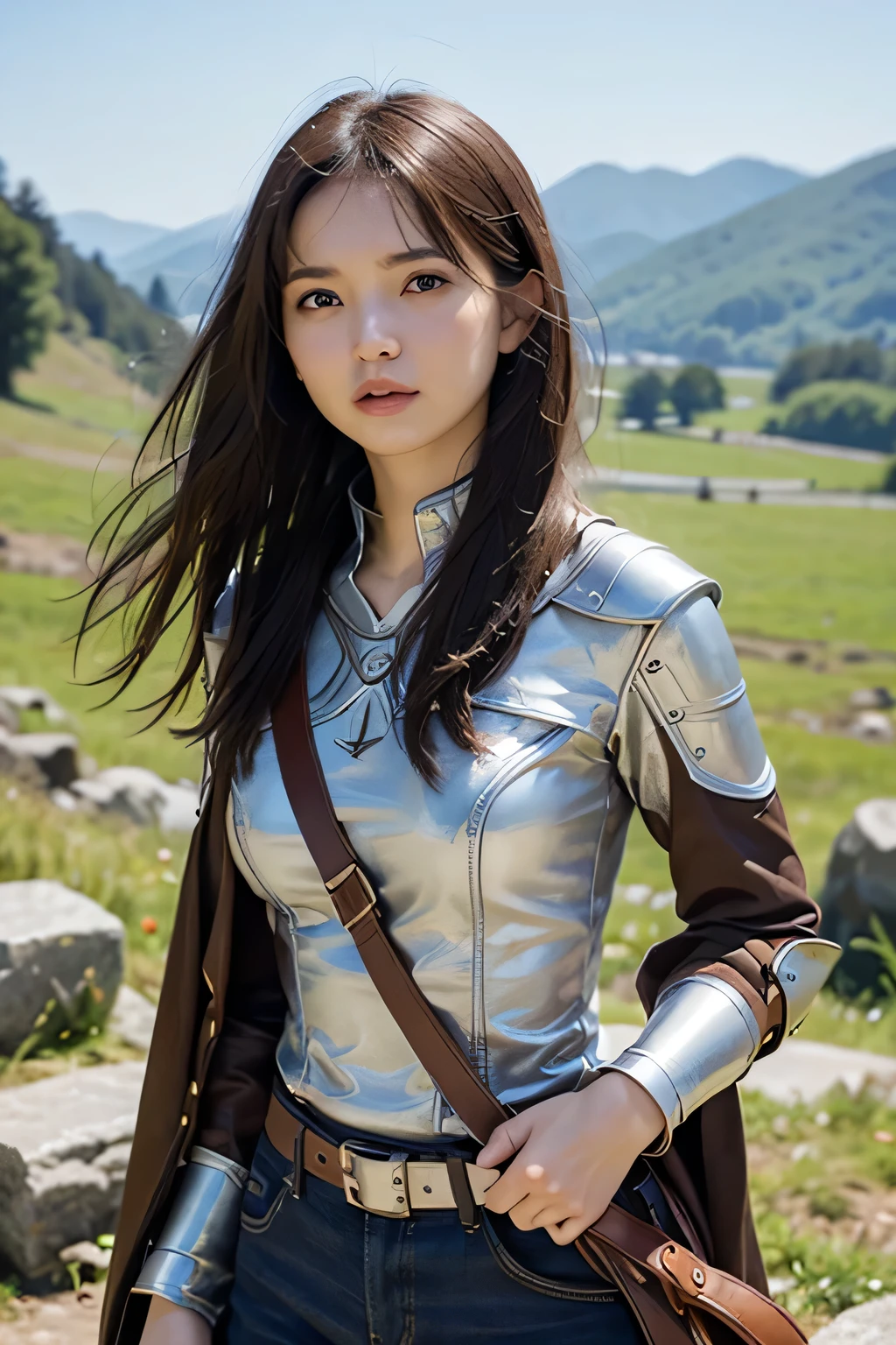 8k,A female adventurer from another world,so beautiful(Like the real thing),Adult woman in leather armor,Brown Hair,blue eyes,Carrying long objects, Large sword,Brown combat trousers,Dagger on hip,Walking in mountainous areas,Perfect Face,Perfect hand shape,charm,Volume measurement,Body balance,超High resolution,super Realistic skin,Digital single-lens reflex camera, Soft lighting, high quality, Highly detailed face, Highly detailed eyes, highly detailed skin, skin, Scattered under the surface, Highly detailed face, Highly detailed eyes, Beautiful expression, Lip, Detailed Background, Written boundary depth, Small breasts、Volumetric Lighting, Sharp focus, Absurd, Realistic proportions, Excellent anatomy, (Realistic, 超Realistic:1.4), 16k hdr, dawn,Big Breasts,High resolution,super Realistic skin,super Beautiful expression,Fantasy art,Character Art,Dynamic pose,compensate,Brown cloak,Carrying large luggage on your back,