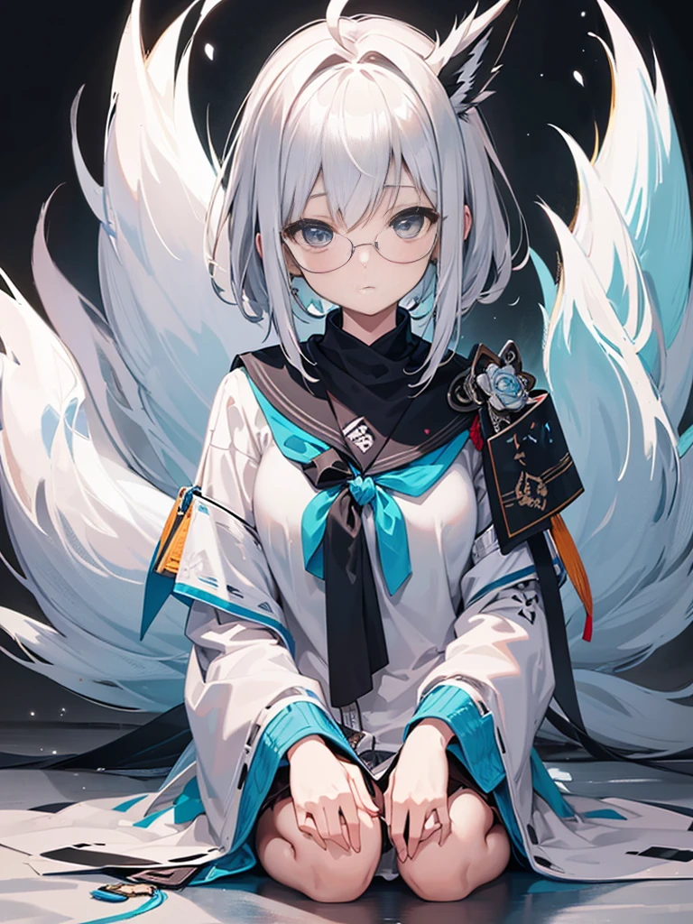 Glasses, shirakami fubuki, Highest quality,wonderful,masterpiece,delicate,Ultra-high resolution,Very detailed,Intricate details,beautiful,8k resolution,(Highly detailed CG Unity 8K wallpapers),Sharp focus、1 female、Gray Hair, One-sided knitting, Ahoge, Fox&#39;s Tail、Glowing Skin、Big Breasts、cute、、beautiful瞳、sexy、smile、joy、happiness、Three-dimensional feeling of body parts, Realistic skin texture、Glasses、fubuki Default, White blouse, [abdomen::12], Removable sleeves, Black shorts, Blue neckerchief, Thigh straps, Single knee socks