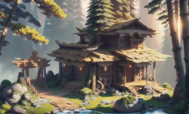 neglect, forest paths, large clusters of trees, pine trees, tall mountains, bamboo, bamboo forests, bathed in the sunset, natural rocks(Extremely detailed CG 8k unity wallpaper, work of art, best qualityer, ultra detali, best shade) treat the scene as a representation of separate props for 3D creation, reference for sculpting a scene in ZBrush step by step