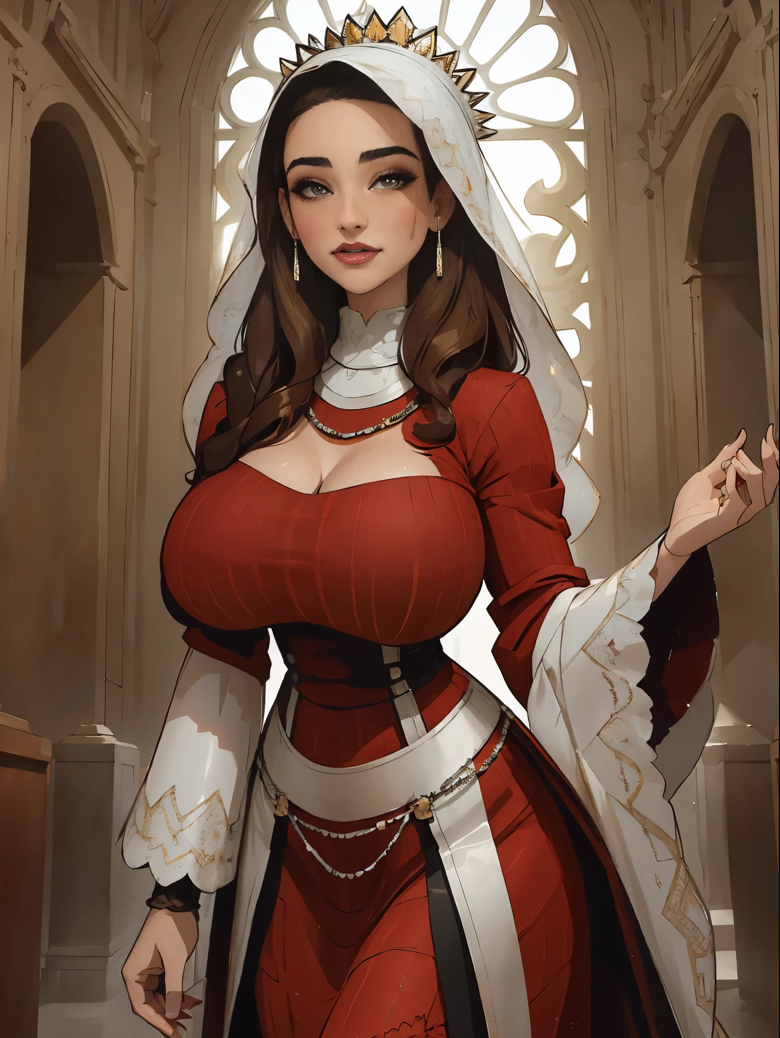 Beautiful and regal, imperious and aloof, busty athletic (thin) brunette queen with sharp facial features wearing a modest updo, dark red medieval dress, long sleeves, intricate patterns, scrollwork, wide neck, crown, veil, long dress, modest dress, tight bodice, (silver waist chain), medieval jewelry, Middle Ages, castle, rampart, wall, stained glass