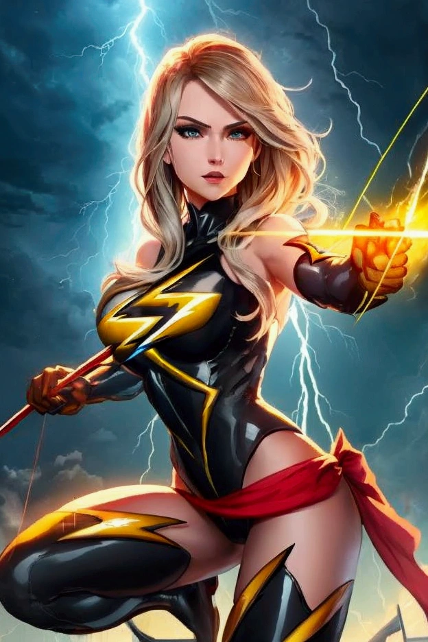 Katalina Thunderbolt, an electrifyingly dynamic superheroine, wields a ((thunderbolt bow)) and ((shoots a lightning arrow)) (mid-flight). She wears a sleek, form-fitting (yellow costume) that highlights her agile physique and elegance. The background is electrifying, dynamic, and features epic lighting with stormy energy and ethereal elements. Anime, digital illustration by Artgerm and Yoshitaka Amano, 8K resolution.
