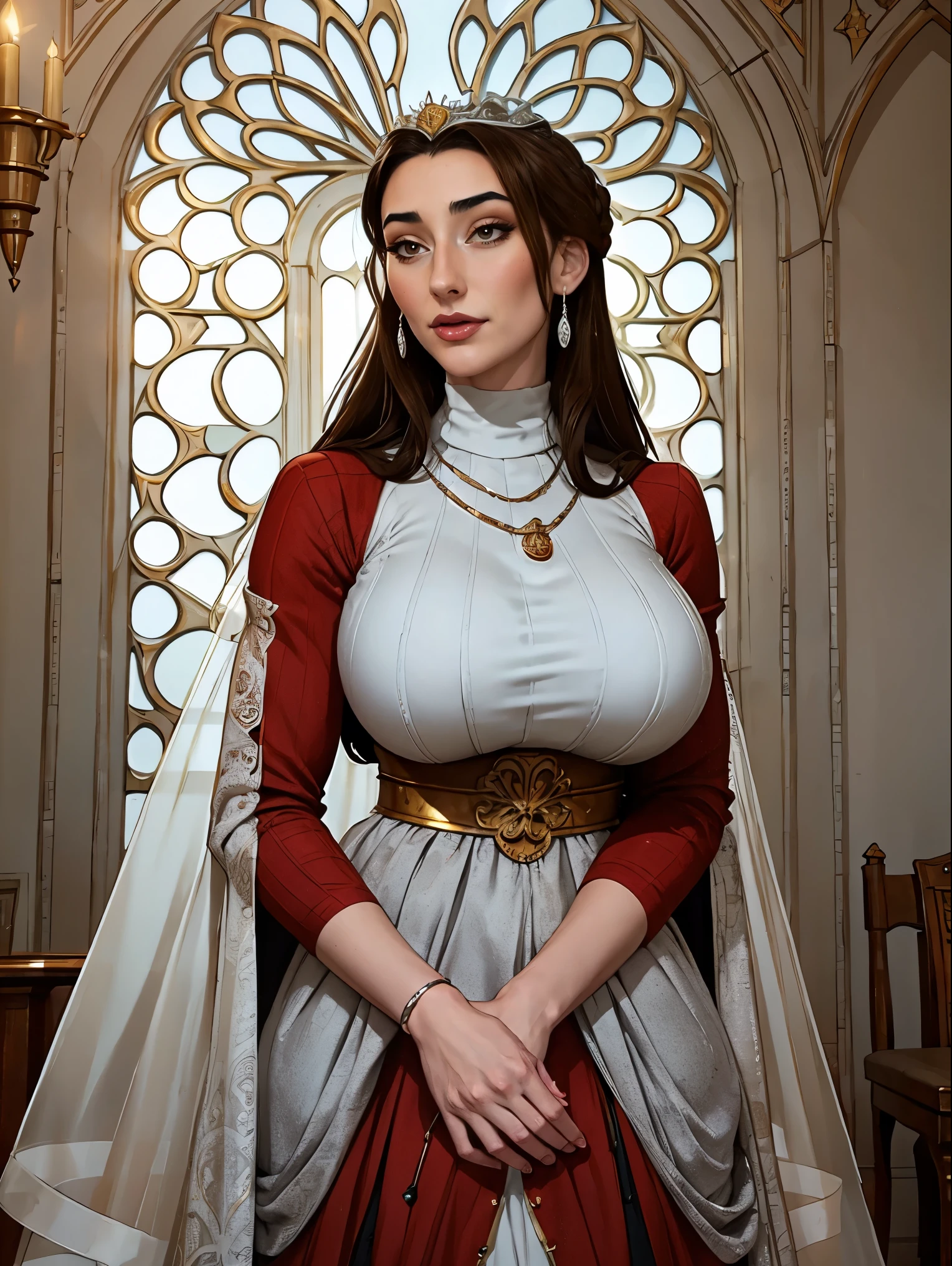 Beautiful and regal, imperious and aloof, busty athletic (thin) brunette queen with sharp facial features wearing a modest updo, dark red medieval dress, long sleeves, intricate patterns, scrollwork, wide neck, crown, veil, long dress, modest dress, tight bodice, (silver waist chain), medieval jewelry, Middle Ages, castle, rampart, wall, stained glass