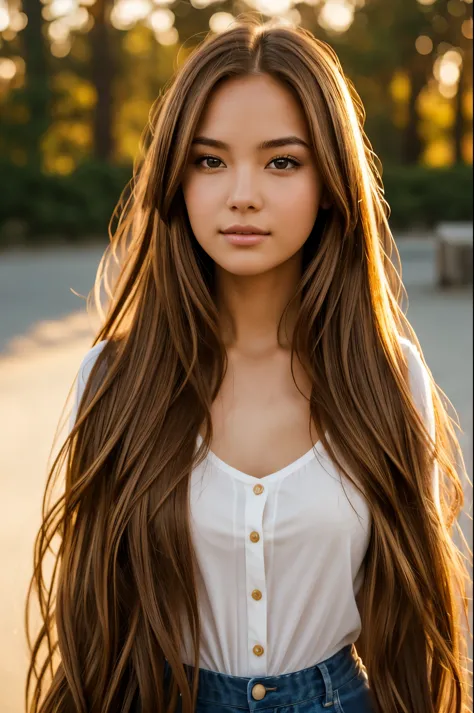 A photorealistic portrait of a 25-year-old girl with long, flowing chestnut hair and striking brown eyes. She should have natural, attractive lips and a warm, approachable expression, illuminated by soft, golden-hour sunlight. She should be standing straight in front of the camera, and the background should be plain white. Capture this image with a high-resolution photograph using an 85mm lens for a flattering perspective.