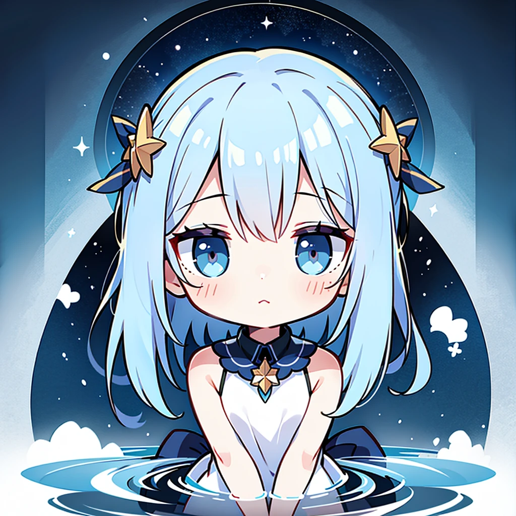 超A high resolution, Best aesthetic, Best Quality, masterpiece,beautiful detailed eyes,1girl, simple background, Chibi, night, star, lake