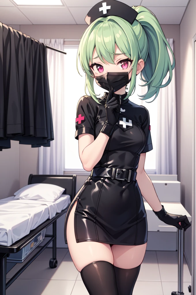 black nurse, 1girl, solo, black nurse cap, black nurse uniform, ((black legwear, zettai ryouiki)), black elbow gloves, ponytail, green hair, pink eyes, ((black surgical mask, covered nose)), standing, ((surgery room)), sharp outline, short sleeves, best quality, masterpiece