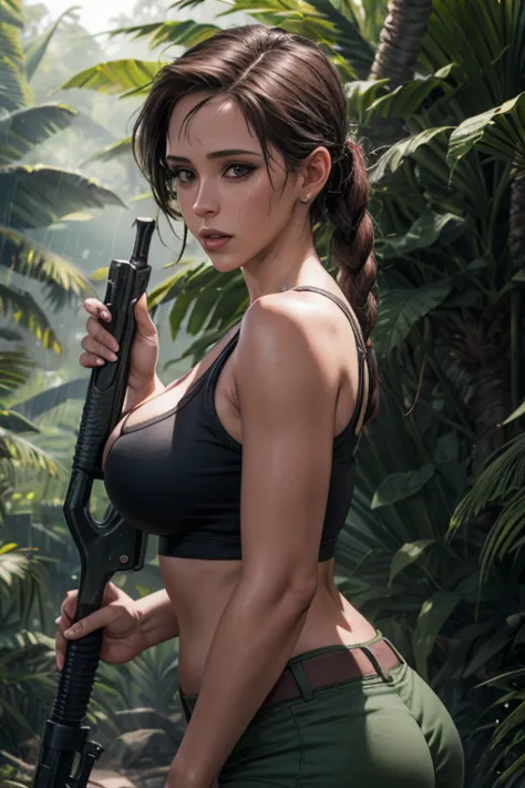 1girl, alone, (Lara Croft), Digital art, Jennifer Love Hewitt as Lara Croft, Tanktop,booty shorts, in the jungle, cleavage, midr...