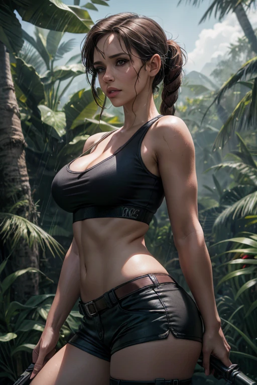 1 chica, alone, (Lara Croft), arte digital, Jennifer Love Hewitt como Lara Croft, Camiseta sin mangas,pantalones cortos de botín, en la jungla, escote, diafragma, ropa detallada, obra maestra, simétrico, cara emocionada, pechos grandes, muslo medio cintura media, Caderas anchas, selva, Selva, aventura en la jungla, vista frontal, bokeh, 4K Masterpiece, hdr