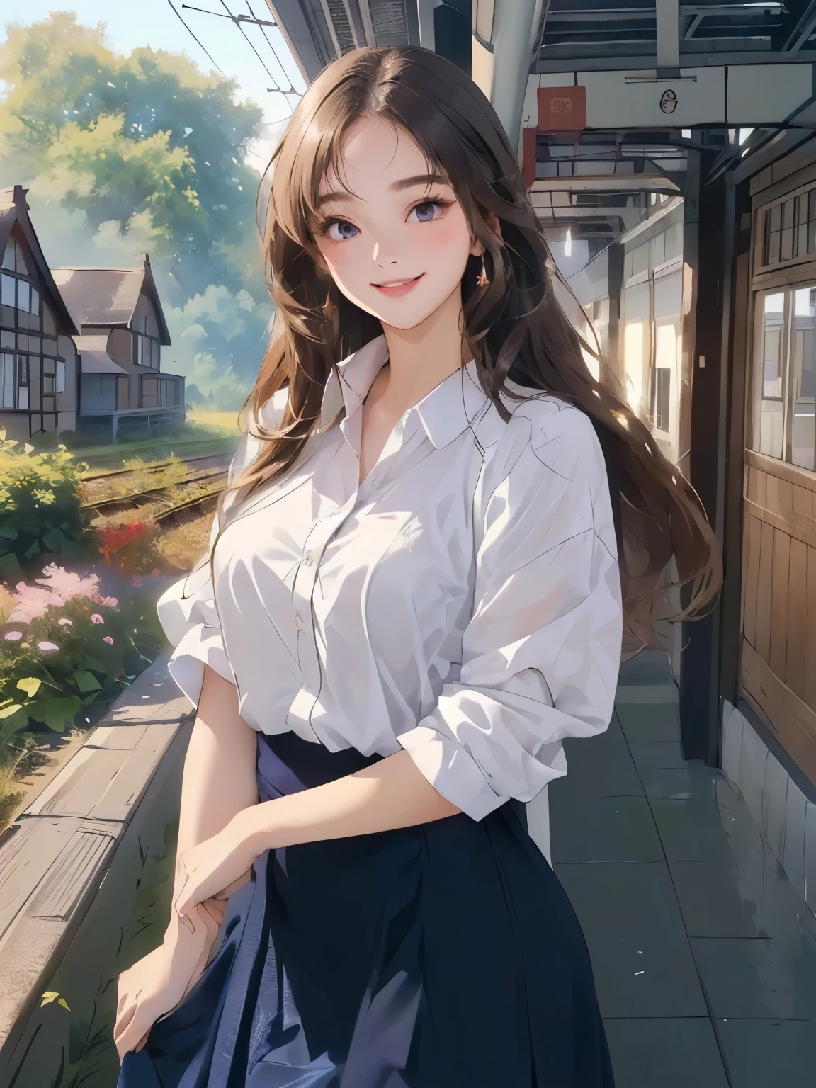 Top quality, 8K, masterpiece, ultra-detailed, ((female smooth bare skin)), smooth eyelid, station background, looking at viewer, smiling, friendly mood, flushed, English princess things, blooming early summer, illustration for light novel