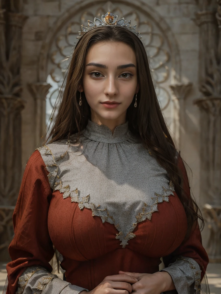 Beautiful and regal, imperious and aloof, busty athletic (thin) brunette queen with sharp facial features wearing a modest updo, dark red medieval dress, long sleeves, intricate patterns, scrollwork, wide neck, crown, veil, long dress, modest dress, tight bodice, (silver waist chain), medieval jewelry, Middle Ages, castle, rampart, wall, stained glass