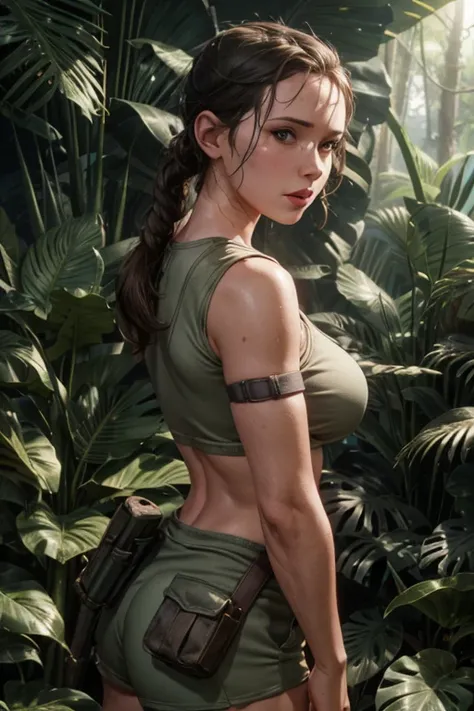 1girl, alone, (lara croft), digital art, jennifer love hewitt as lara croft, tanktop,booty shorts, in the jungle, cleavage, midr...