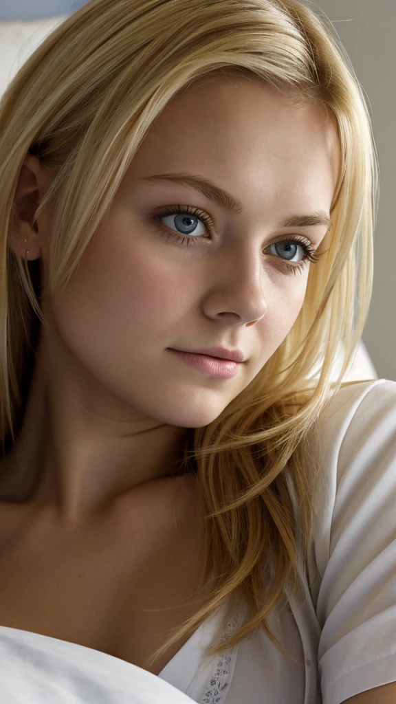 Portrait of a frightened 18yo blonde Russian women laying in hospital bed. Close up. Hospital gown. Cleavage