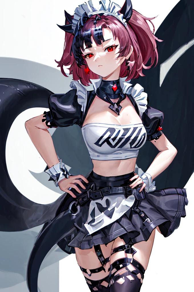 8k, best quality, masterpiece, (ultra-detailed:1.1), (high detailed skin), (full body:1.2), white background, standing, looking at viewer, (solo:1.4), hand on hip, nike, 1girl, large breasts, hair ribbon, twintails, pink hair, tube top, midriff, black shorts, (single thighhigh:1.2), (white background, simple background:1.4), ( good hands, nice hands:0.5), (beautiful_face), ((intricate_detail)), clear face, ((finely_detailed)), fine_fabric_emphasis, ((glossy)), full_shot ellenjoe, ellen joe, black hair, colored inner hair, multicolored hair, (red eyes:1.3), red hair, short hair, two-tone hair, BREAK bapron, black pantyhose, black shirt, black skirt, ear piercing, fins, fish tail, maid, maid apron, maid headdress, pantyhose, piercing, puffy short sleeves, puffy sleeves, shark girl, shark tail, shirt, short sleeves, skirt, tail, two-tone hair, wrist cuffs, BREAK outdoors, city, sky, clouds, sun, park BREAK looking at viewer, (cowboy shot:1.5), BREAK (masterpiece:1.2), best quality, high resolution, unity 8k wallpaper, (illustration:0.8), (beautiful detailed eyes:1.6), extremely detailed face, perfect lighting, extremely detailed CG, (perfect hands, perfect anatomy), merging
