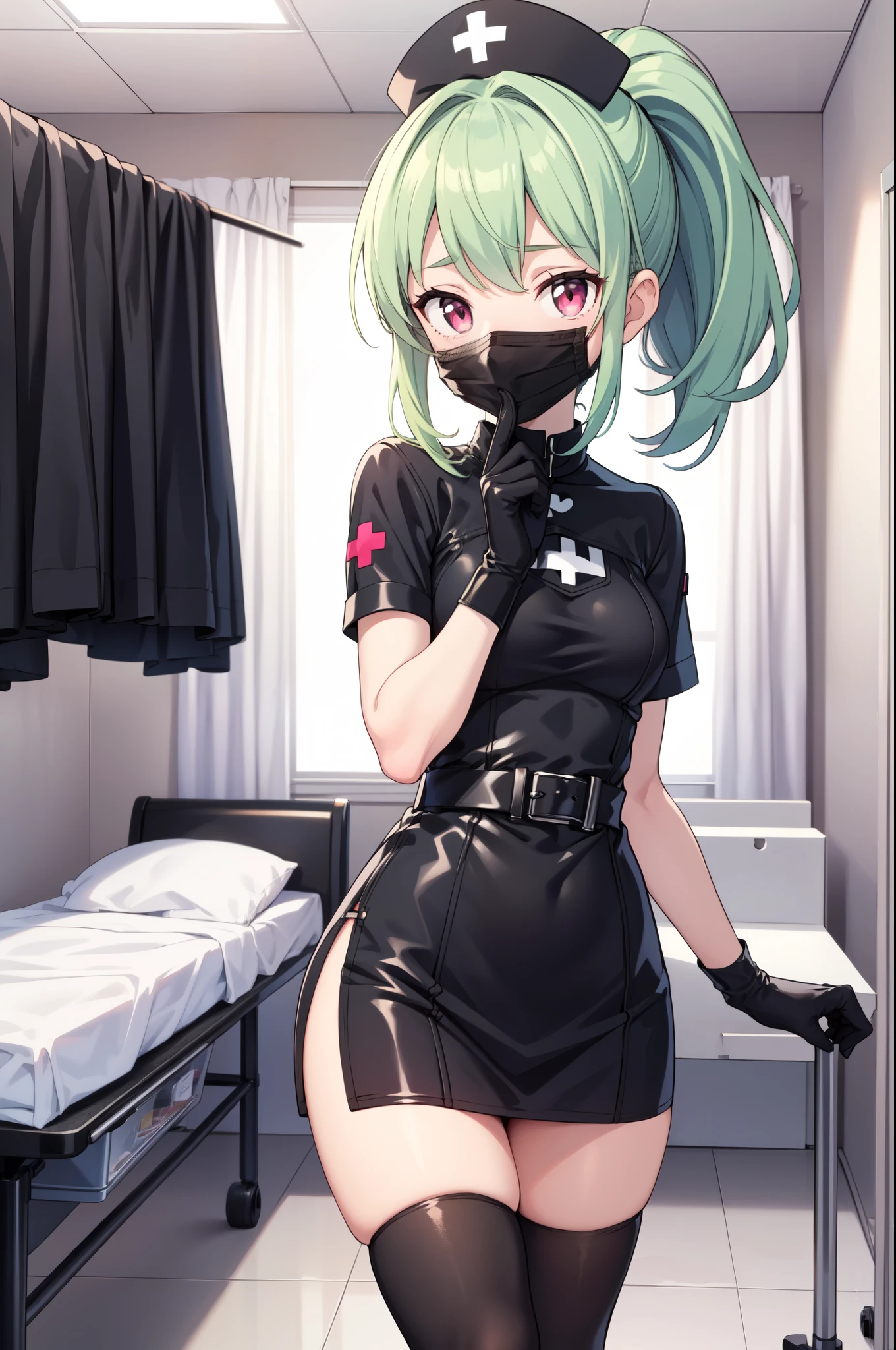 black nurse, 1girl, solo, black nurse cap, black nurse uniform, ((black legwear, zettai ryouiki)), black elbow gloves, ponytail, green hair, pink eyes, ((black surgical mask, covered nose)), standing, ((surgery room)), sharp outline, short sleeves, best quality, masterpiece