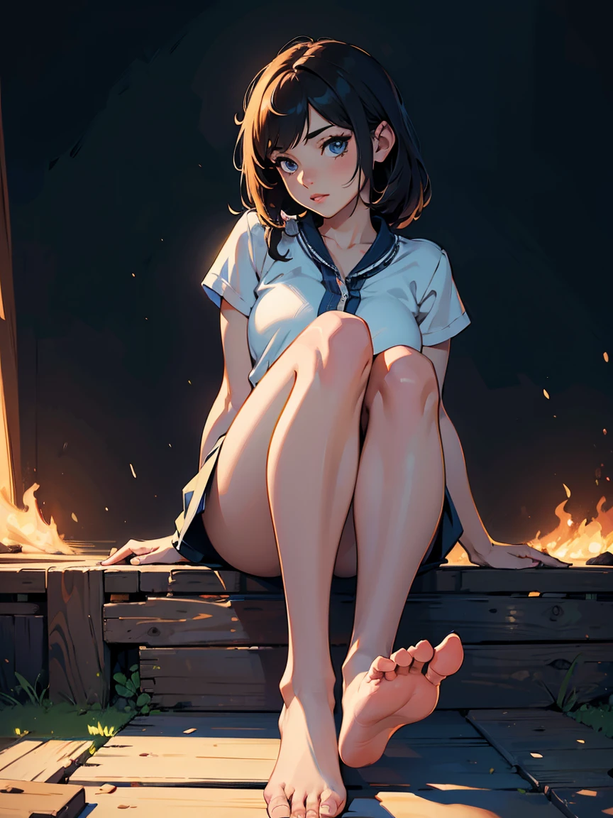 (masterpiece, UHD, detailed illustration) 1girl,solo,bare foot,feet focus,sitting