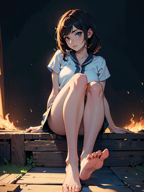 (masterpiece, uhd, detailed illustration) 1girl,solo,bare foot,feet focus,sitting