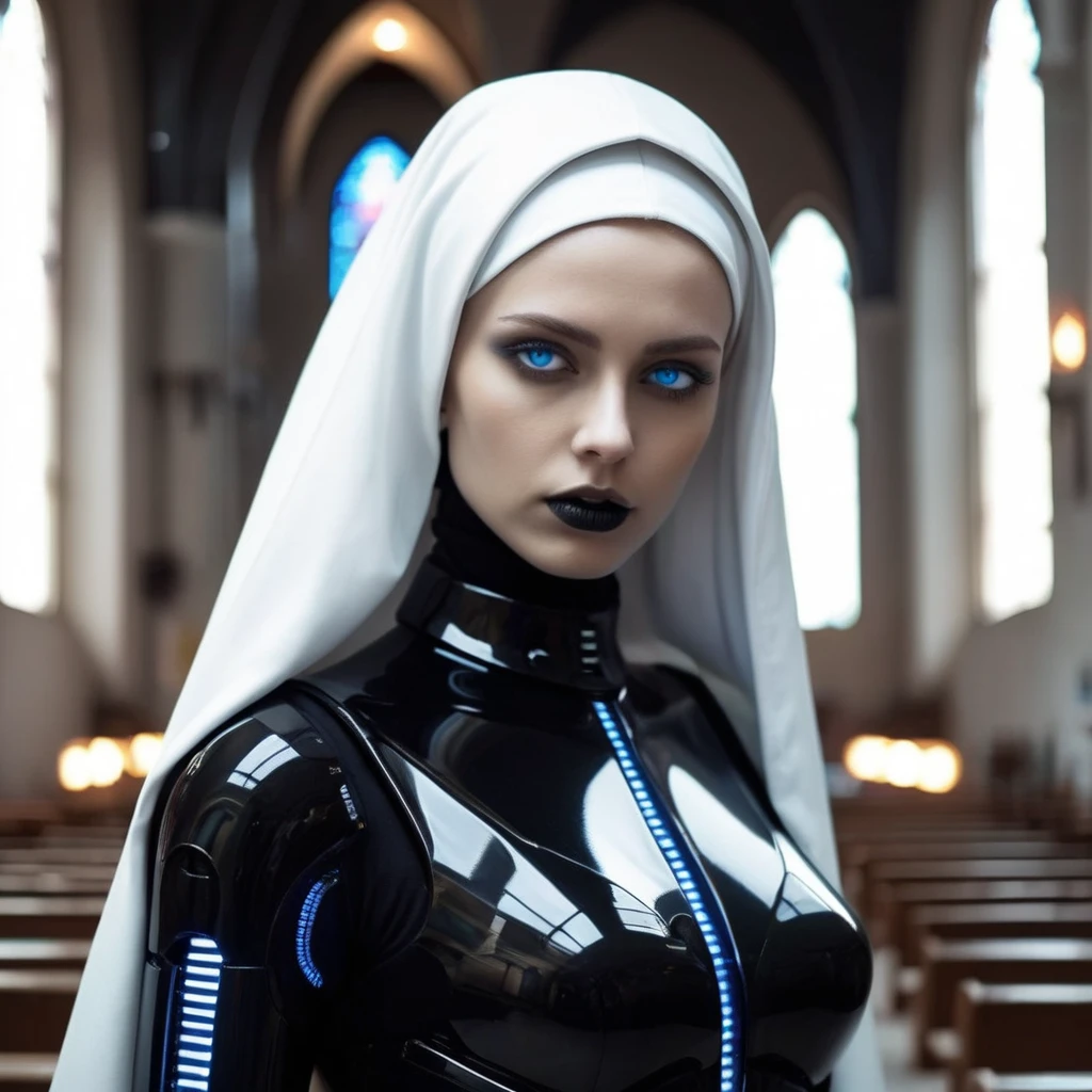 ral-opal, meahophontron, beautiful woman (robot), FUTURISTIC devil face, blue eyes, cyberpunk, Ropa Monja is sexy, negro, looking to the camera, nun clothes, cuerpo primer plano looking to the camera, realist, Beautiful woman, Cara sexy, black and white clothes. (PHOTO EMPOWERED IN FUTURISTIC CHURCH)