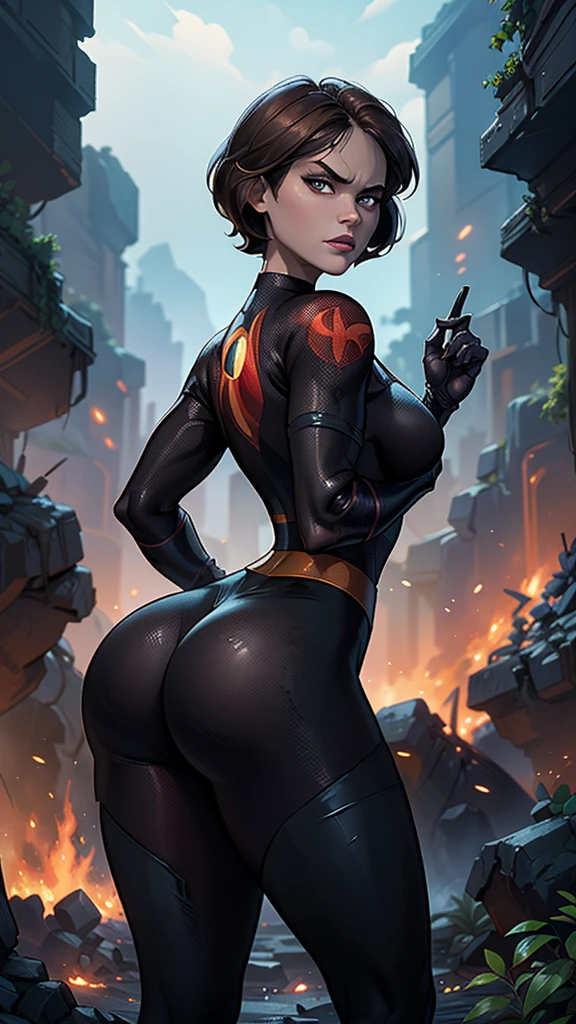 (The best quality,A high resolution,ultra - detailed,actually),Helen Parr with a red and black bodysuit ,(Domino-Maske), short brown hair, ,(Destroyed dungeon ruins background:1.4 ), (Facial Details: 1.5, glowing blue eyes, pretty face, beautiful eyes, Iris feed, labios 苗条s: 1.5, 苗条, pale and sharp eyebrows, long, dark eyelashes, Double tabs),(Helen Parr :1.4),( Helen Parr V2.1), (dynamic pose), (The Incredibles), (no mutations), (Cave background large stones:1.4),(Destroyed dungeon ruins background:1.4 ),( bright colors), (​masterpiece: 1.4), (8k, Realist, Rohfoto, The best quality: 1.4),(Rear view, Rear view),(shows her beautiful ass) 