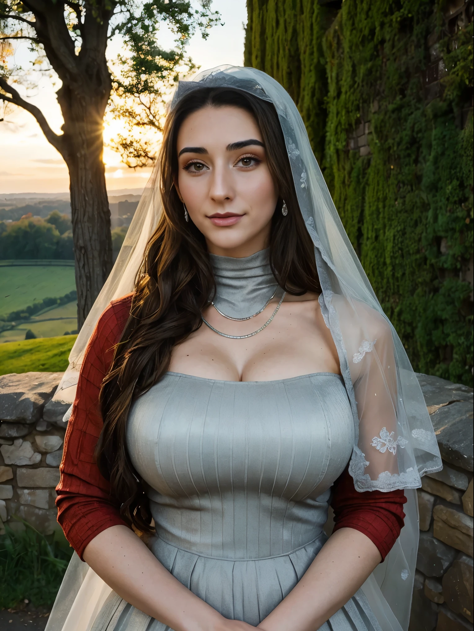 Gorgeous and sultry busty athletic (thin) brunette queen with sharp facial features wearing a modest updo, dark red medieval dress, long sleeves, intricate patterns, scrollwork, wide neck, crown, veil, long dress, modest dress, tight bodice, (silver waist chain), medieval jewelry, Middle Ages, castle, rampart, wall, exterior, on top of a castle wall, trees, countryside, evening, sunset.