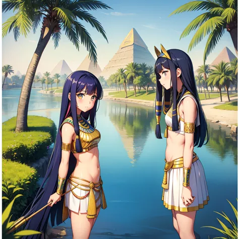 かわいいancient egyptの15歳の女の子、ancient egypt、view of the nile、a colorful view of the whole、whole body、low - angle、standing posture、re...