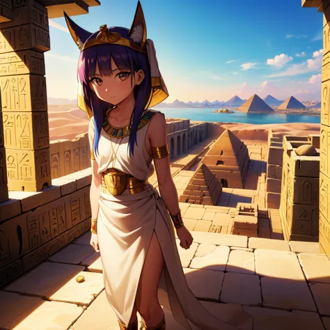 かわいいancient egyptの15歳の女の子、ancient egypt、view of the nile、a colorful view of the whole、whole body、low - angle、standing posture、re...