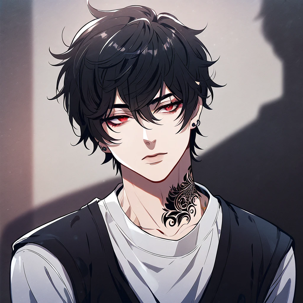 Best Quality 4K Artwork, a tall guy, stark, Bad Boy Vibe, Short and Stylish Black Hair, dark red eyes, Piercing na Boca, Lower Neck Tattoo, Wear Black, emo, Young and Extremely Beautiful.