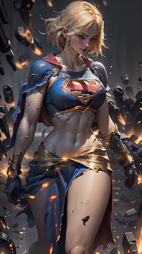 beautiful woman short hair defined body big breasts, wearing supergirl cosplay, battlefield