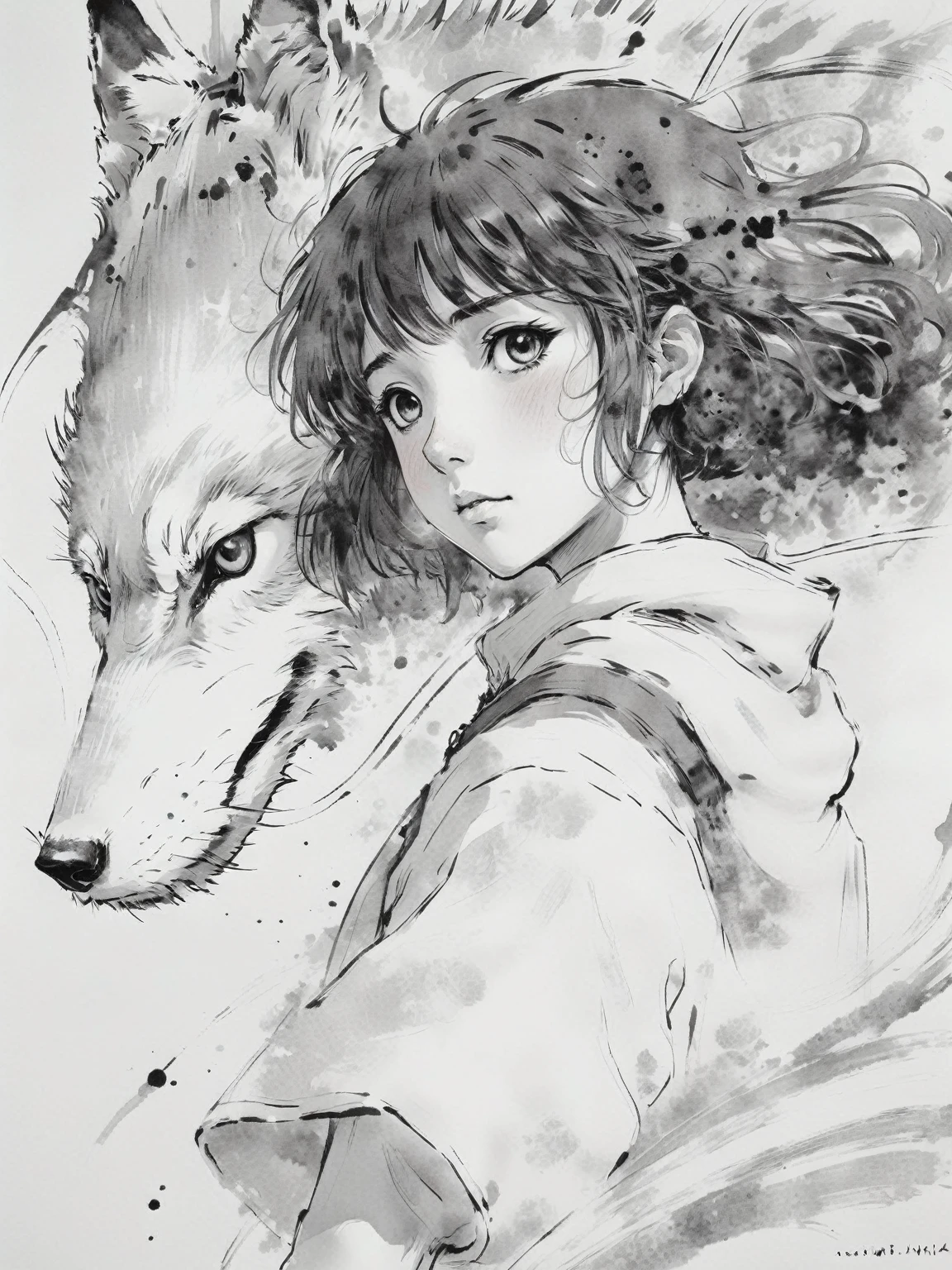 Chinese Ink Painting,(abstract ink splash:1.2),Wolf head anime girl and backpack girl, By Kama Guka, Studio Ghibli. Artistic Germ, Clean and detailed anime art, Clean and detailed anime style, Semi-realistic anime style, ghibli and ilya kuvshinov, Anime Sketch, author：Mangoro, realistic anime artstyle, makoto shinkai and Artistic Germ