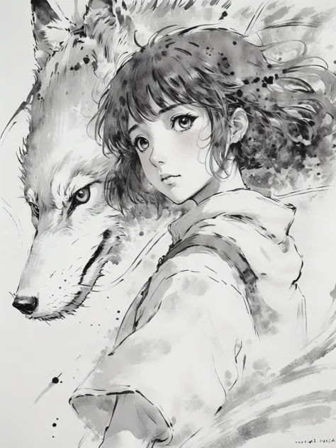 chinese ink painting,(abstract ink splash:1.2),wolf head anime girl and backpack girl, by kama guka, studio ghibli. artistic ger...