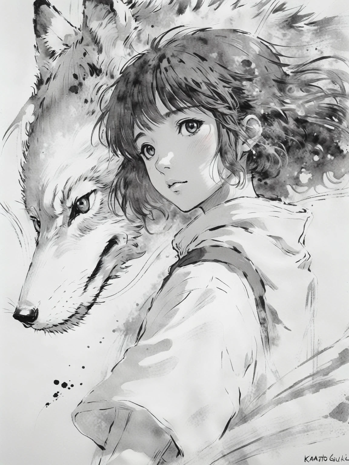 Chinese Ink Painting,(abstract ink splash:1.2),Wolf head anime girl and backpack girl, By Kama Guka, Studio Ghibli. Artistic Germ, Clean and detailed anime art, Clean and detailed anime style, Semi-realistic anime style, ghibli and ilya kuvshinov, Anime Sketch, author：Mangoro, realistic anime artstyle, makoto shinkai and Artistic Germ