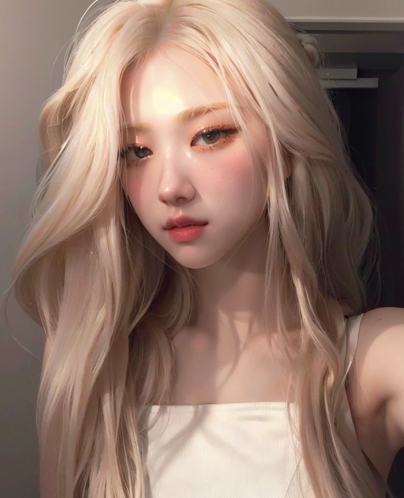 blond woman with long hair and white tank top taking a selfie, pale hair, very very pale blond hair, her hair is white, extremely pale blond hair, pale porcelain white skin, with white long hair, white hime cut hairstyle, pale glowing skin, korean girl, roseanne park of blackpink, girl with white hair, with long white hair, ash blond hair