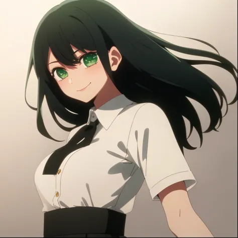 ((masterpiece, best quality)), (1girl), (solo), (female focus), (dark green hair, long hair), (green eyes), light smile, closed mouth, ((white shirt), (buttoned shirt), ((black skirt), (short skirt)), standing, white background, dynamic angle, 25 year old woman