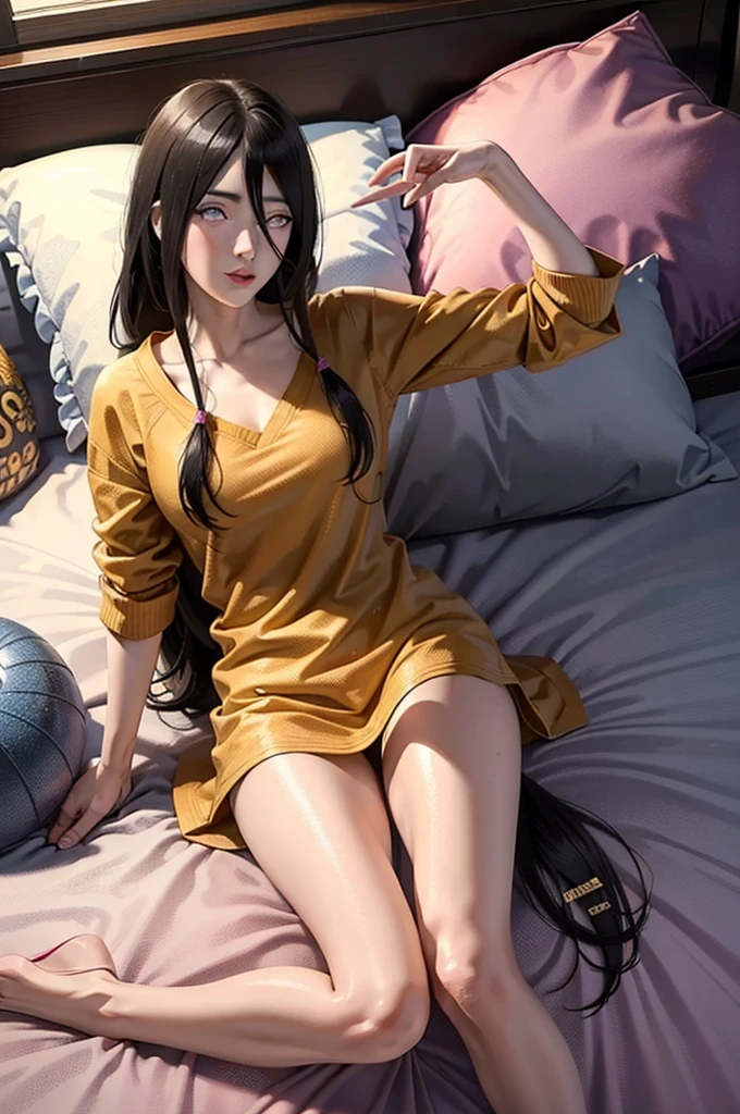 hyuuga hanabi, long hair tied low, hair band, hana, purple eyes, beautiful, beautiful woman, perfect body, perfect breasts, wearing a big red t-shirt, black panties, in bed, bedroom, bed, sitting on the bed, looking at the viewer, slightly smiling, realism, masterpiece, textured skin, super detail, high detail, high quality, best quality, 1080p, 16k 