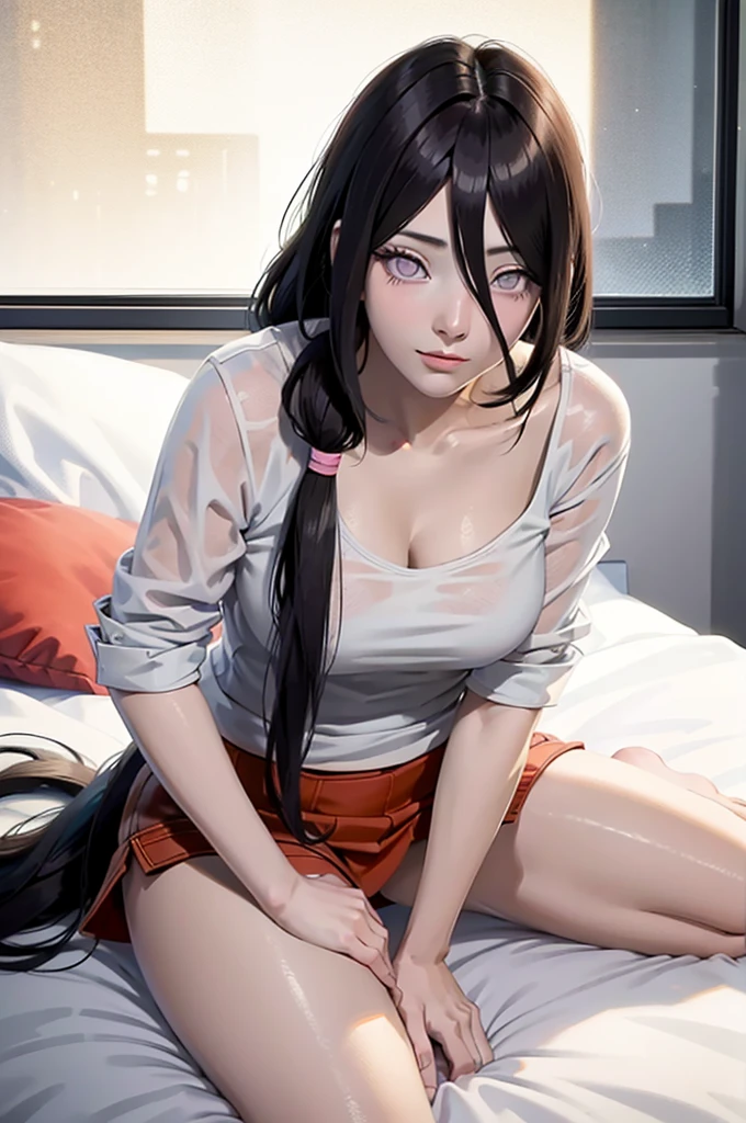 hyuuga hanabi, long hair tied low, hair band, hana, purple eyes, beautiful, beautiful woman, perfect body, perfect breasts, wearing a big red t-shirt, black panties, in bed, bedroom, bed, sitting on the bed, looking at the viewer, slightly smiling, realism, masterpiece, textured skin, super detail, high detail, high quality, best quality, 1080p, 16k 