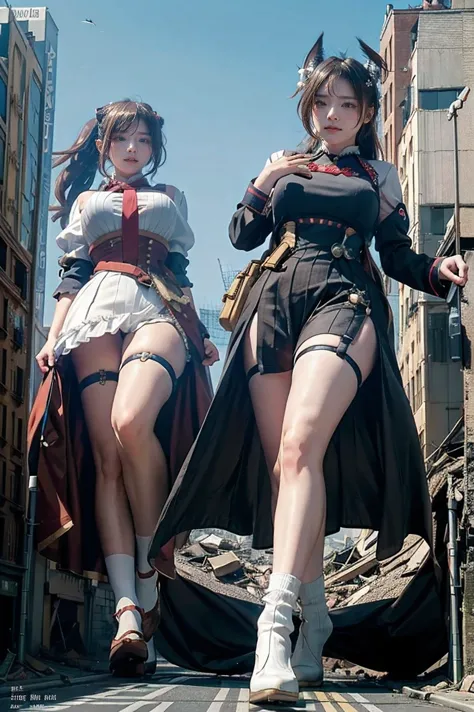 looking at the camera、steampunk、Standing on top of a ruined building、Big building explosion、The building collapses、Urban hustle and bustle、Traffic jam、City of Rubble、street tree、Car and bus、truck、taxi、City boulevard、Pedestrian bridge、Streetcar route((((Azur Lane Cheshire Cosplay))))、Frilled maid outfit、（(Super huge breasts)）、（(Plump thighs)）、Ground View，City of Giants,500 foot tall giant girl，skyscraper,Has super long legs,Step into the crowd，There are many people on the street,Knee-high socks，A happy look，Standing on the ruins，Beautiful appearance，Exquisite makeup，quality，8k，高quality，Perfect Proportions, Cinema Lighting，Film Grain，The Colors of Fuji，8k，Textured skin，Super Detail，High detail，high quality，High resolution，explode，False Smile、Reaching out