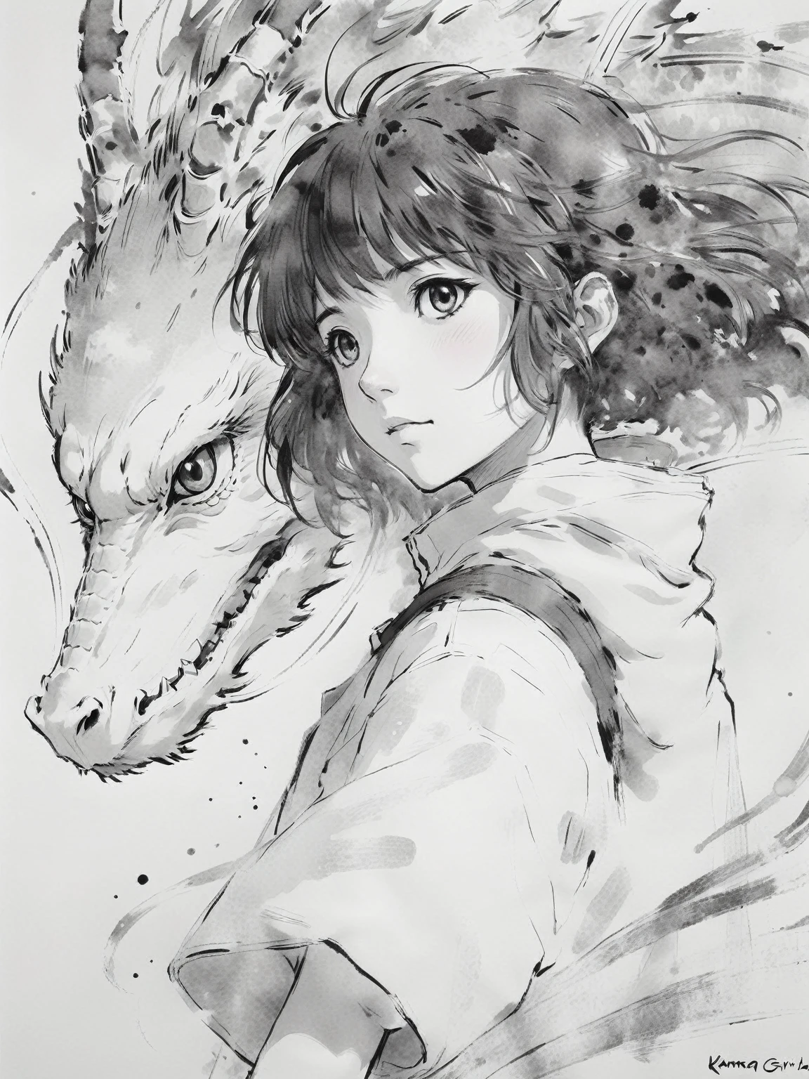 Chinese Ink Painting,(abstract ink splash:1.2),Dragon head anime girl and backpack girl, By Kama Guka, Studio Ghibli. Artistic Germ, Clean and detailed anime art, Clean and detailed anime style, Semi-realistic anime style, ghibli and ilya kuvshinov, Anime Sketch, author：Mangoro, realistic anime artstyle, makoto shinkai and Artistic Germ