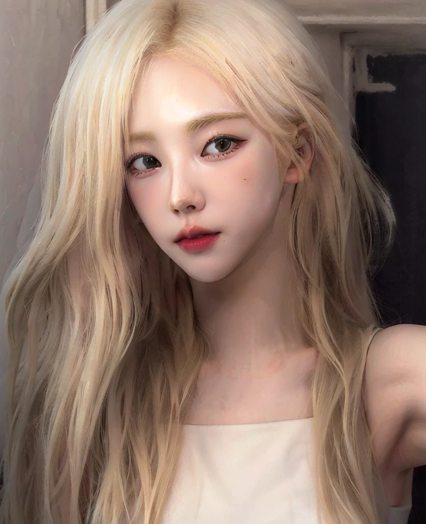 blond woman with long hair and white tank top taking a selfie, pale hair, very very pale blond hair, her hair is white, extremely pale blond hair, pale porcelain white skin, with white long hair, white hime cut hairstyle, pale glowing skin, korean girl, roseanne park of blackpink, girl with white hair, with long white hair, ash blond hair