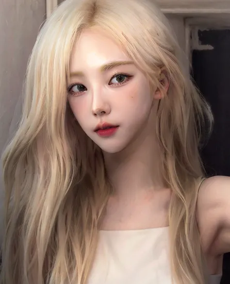 blond woman with long hair and white tank top taking a selfie, pale hair, very very pale blond hair, her hair is white, extremel...