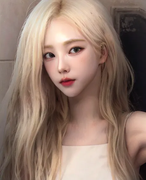 blond woman with long hair and white tank top taking a selfie, pale hair, very very pale blond hair, her hair is white, extremel...