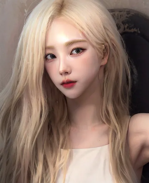 blond woman with long hair and white tank top taking a selfie, pale hair, very very pale blond hair, her hair is white, extremel...