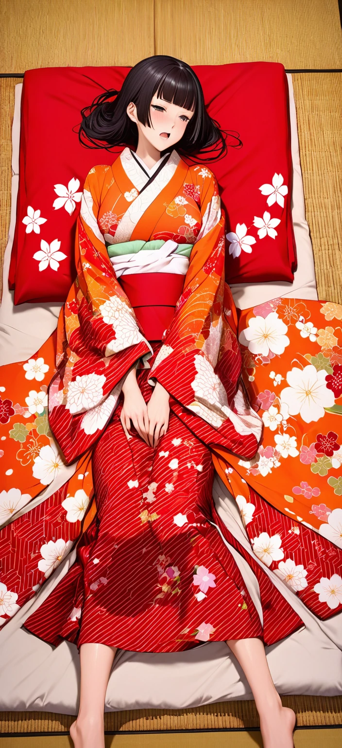 Close-up of a woman with black straight hime cut hair wearing a red and orange dress, Red kimono with flower patterns, From the Sengoku period, Long and beautiful kimono, Flowing hair and long, super shiny robes, Red kimono, Japanese Kimono, Wearing Imperial Kimono, Wearing kimono and armor, In kimono, Safety, kimono, Hakama kimono, Inspired by Fujiwara Takanobu, pale and colouRed kimono　She is laid down on the futon, exposing her nipples, writhing and crying.