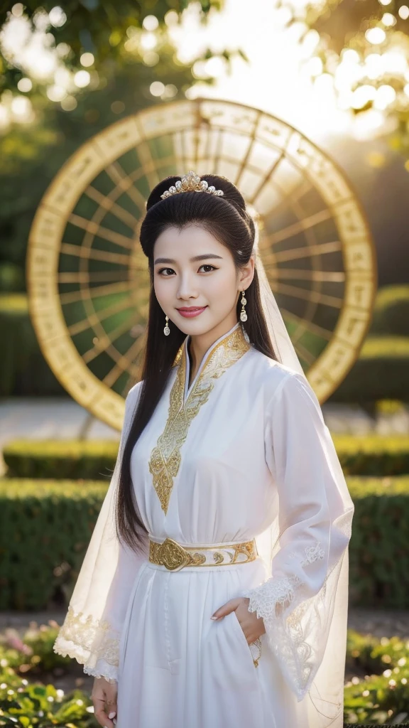 Front view,  Full body, standing pose, Chinese girl, 21 century, looking at viewer, beautiful Chinese  Young General, 26 years old, (Highly detailed face, Ordinary eyes,  Tapered eyebrows, Brown  eye, Variegated eyes, Fuller lips, little Lips, smile),(gold earning, white pearl neck less, lady's watch ),in palace Garden, sunset ,(masterpiece, Highest quality, masterpiece, God-like quality, Godly art, , Very realistic)