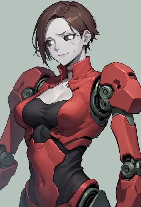 (anime, 1girl, brown hair, grey eyes, dark punk clothes, uncomfortable with red elegant dress, portrait, robot girl, mecha, andr...